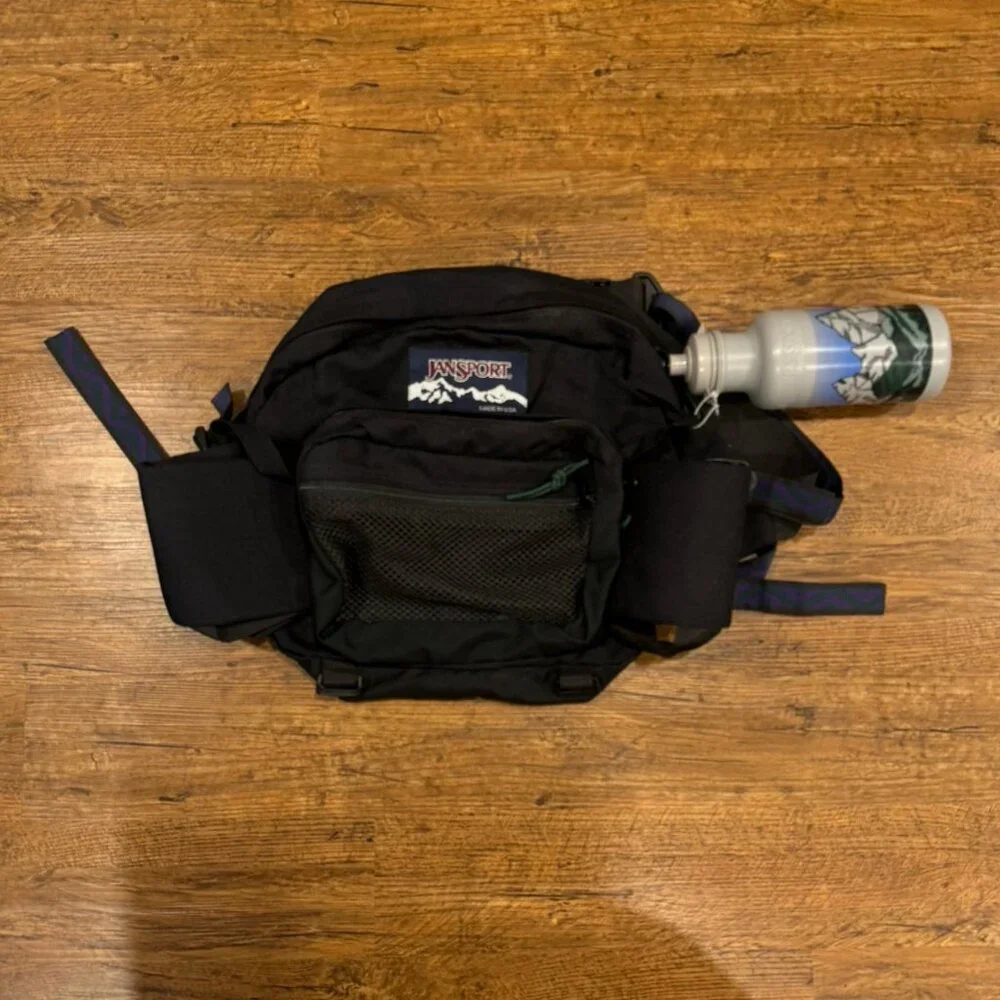 Vintage JanSport Black Large Outdoor Hiking Fanny Pack Waist Bag w/ Water Bottle